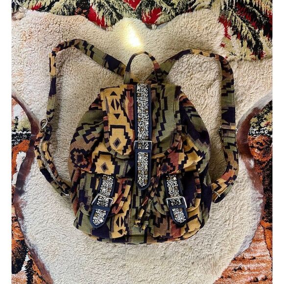 Urban Outfitters Ecote Aztec Southwest Flannel Boho Backpack Studded Drawstring - Picture 1 of 6